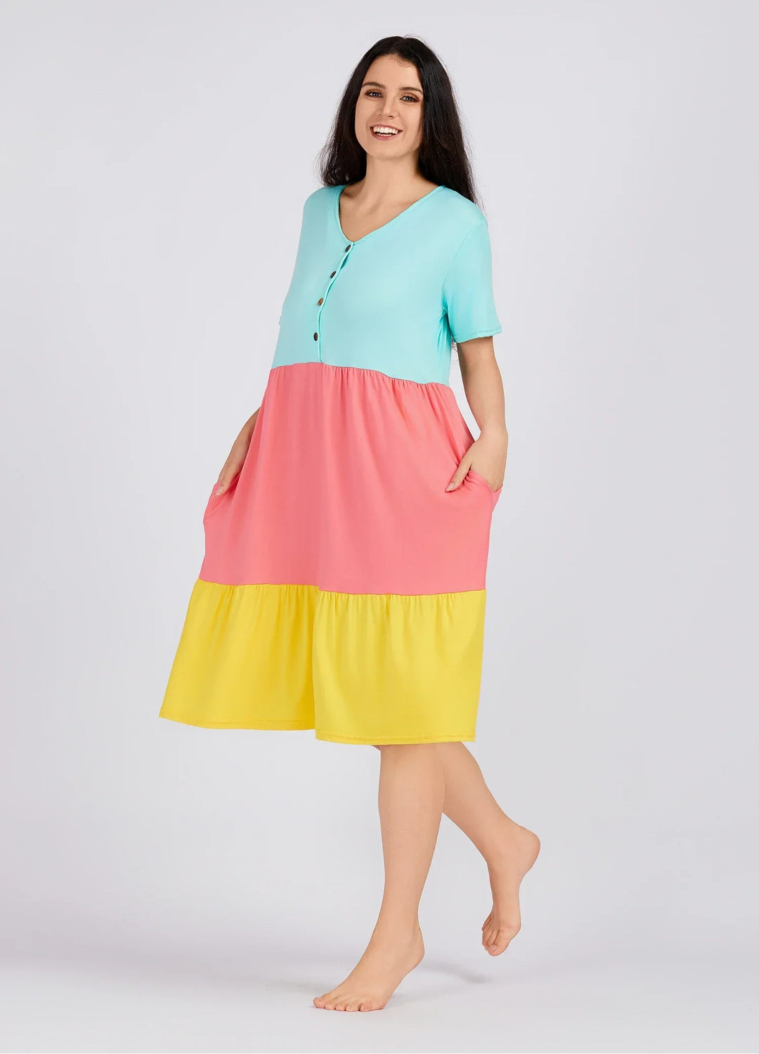 Colorblock V Neck Button Front Patch Pocket Nightgown