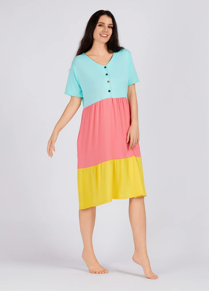 Colorblock V Neck Button Front Patch Pocket Nightgown