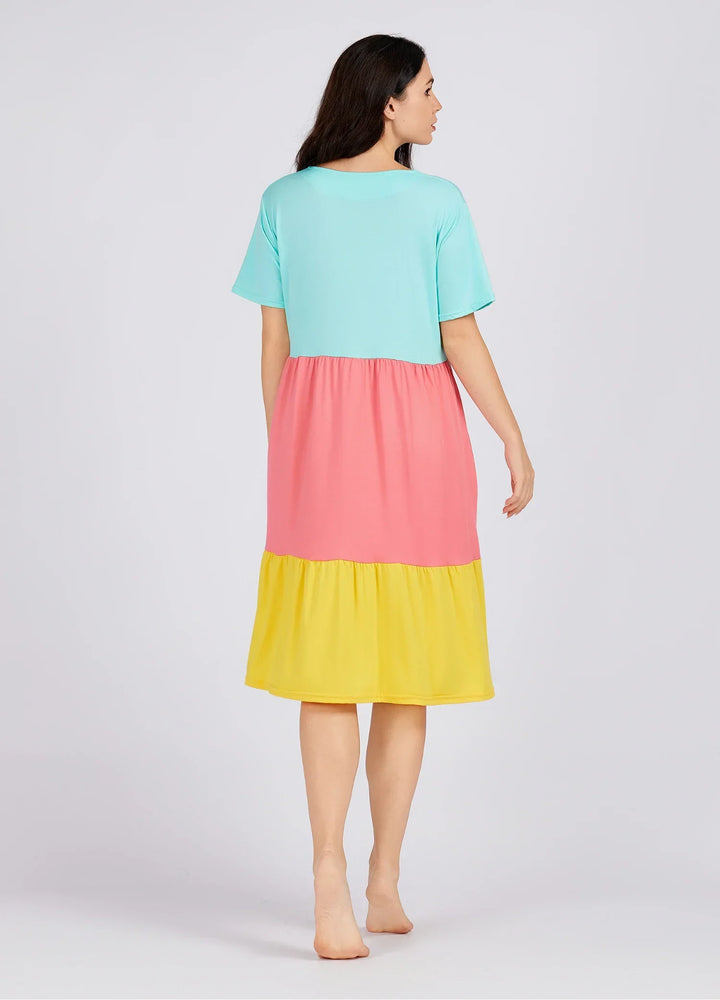 Colorblock V Neck Button Front Patch Pocket Nightgown