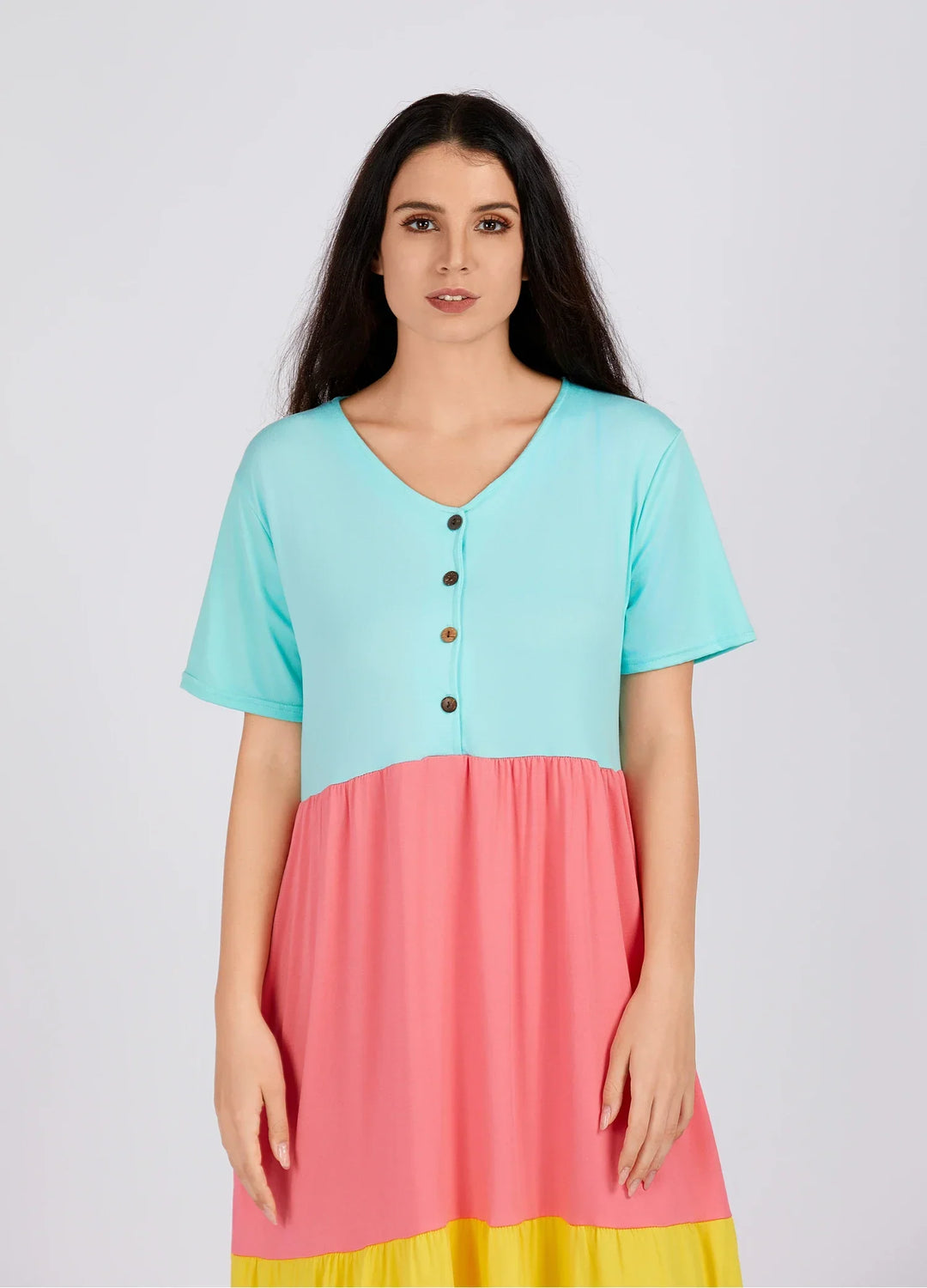 Colorblock V Neck Button Front Patch Pocket Nightgown